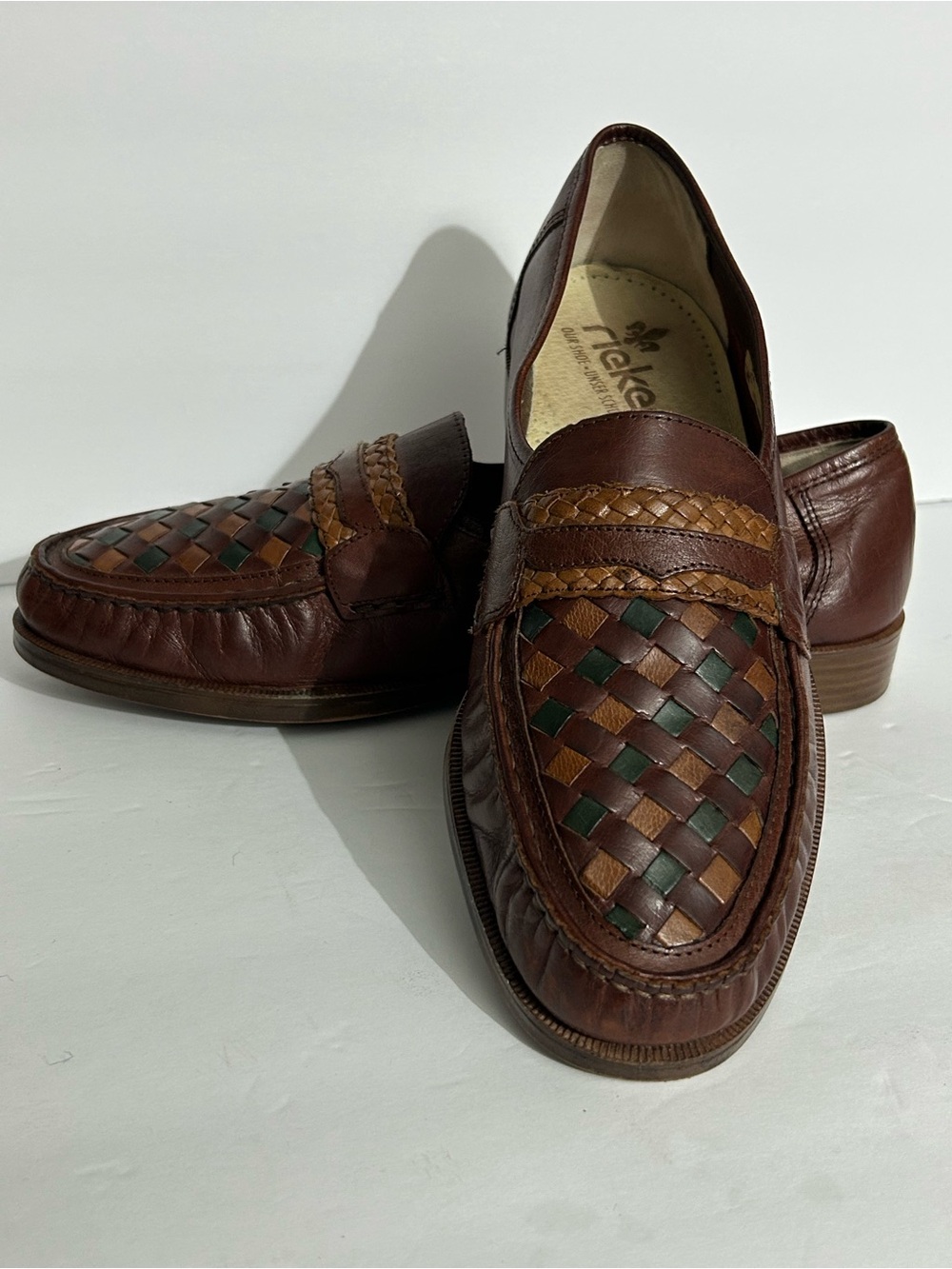 Vintage Rieker Brown Woven Leather Slip-On Loafers with Green Accents